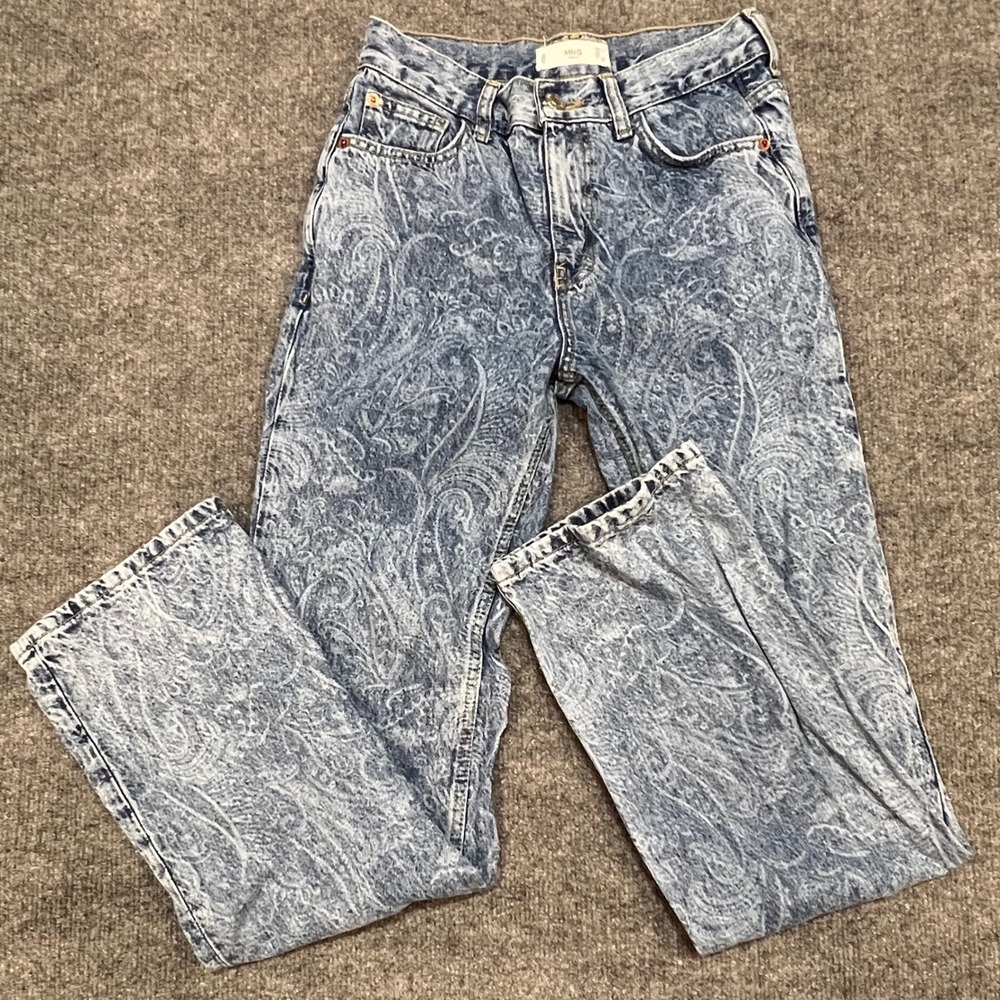 MNG Mango Paisley Straight Leg Jeans Womens 2 High Rise Blue Acid Wash Y2K